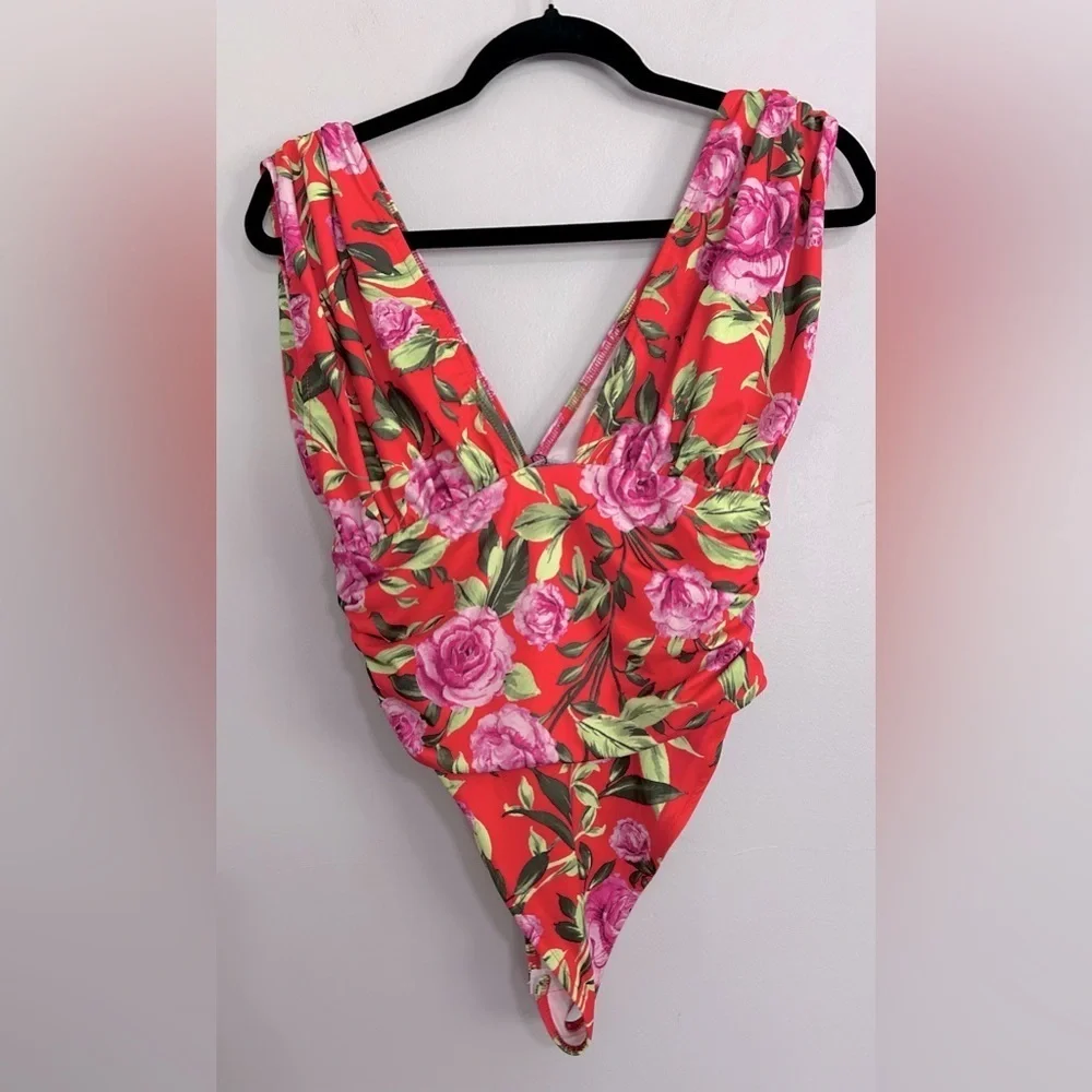Zara Red Floral Print Draped Bodysuit Women’s Size Medium NWT Blogger Fav